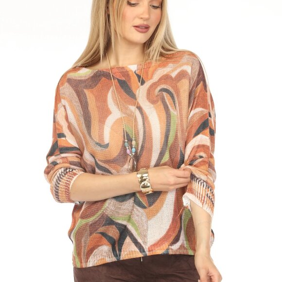 Mustard Brown Print Mesh Top - Picture 3 of 5